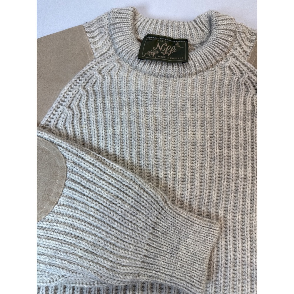 Niffi Mens Pure New Wool Ribbed Sweater Suede Patch England Oatmeal Gray L